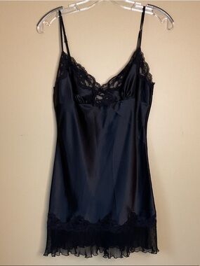 Frederick's of Hollywood Black Satin Lace Trim Chemise